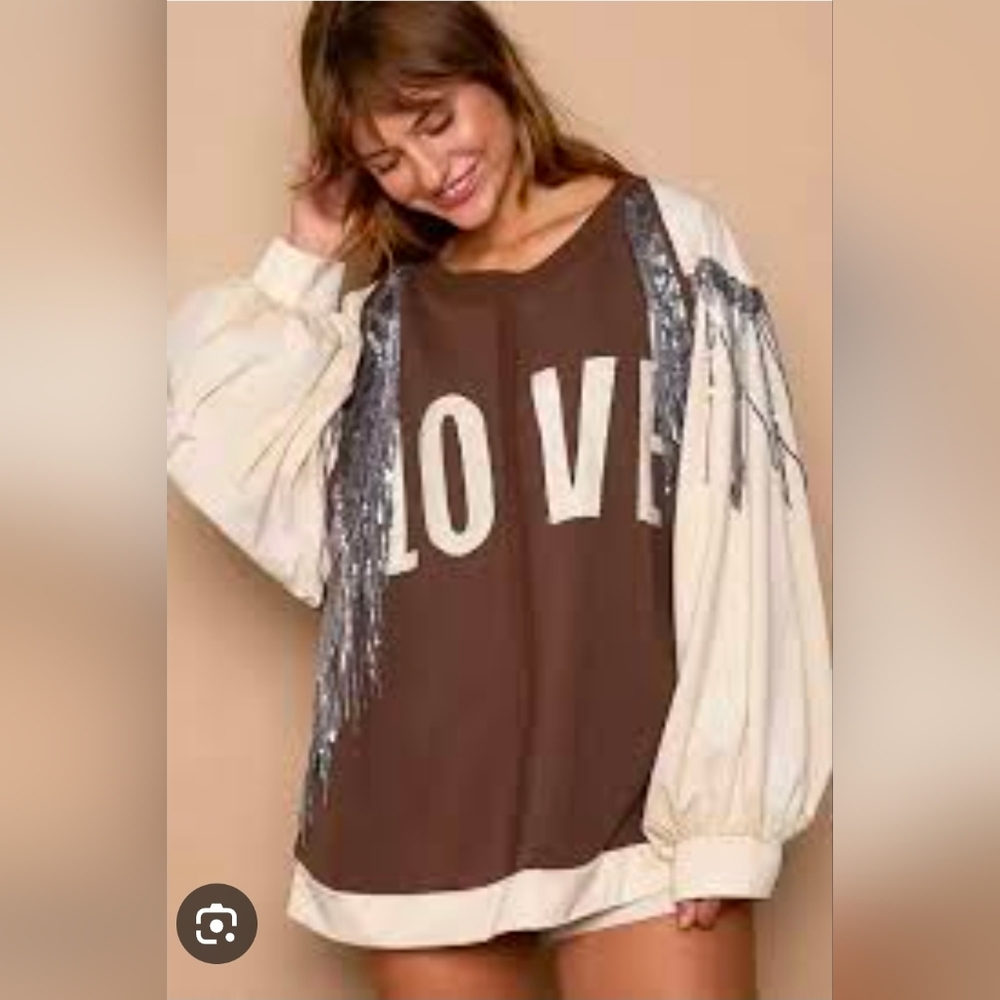 POL Brown and Cream 'Love' Fringed Sweater NWOT